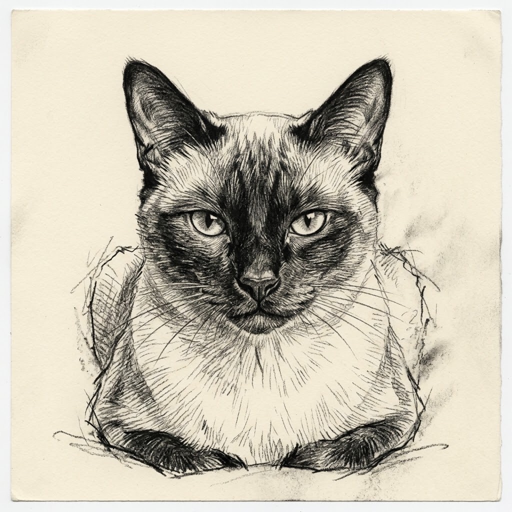 Charcoal drawing of a Siamese cat