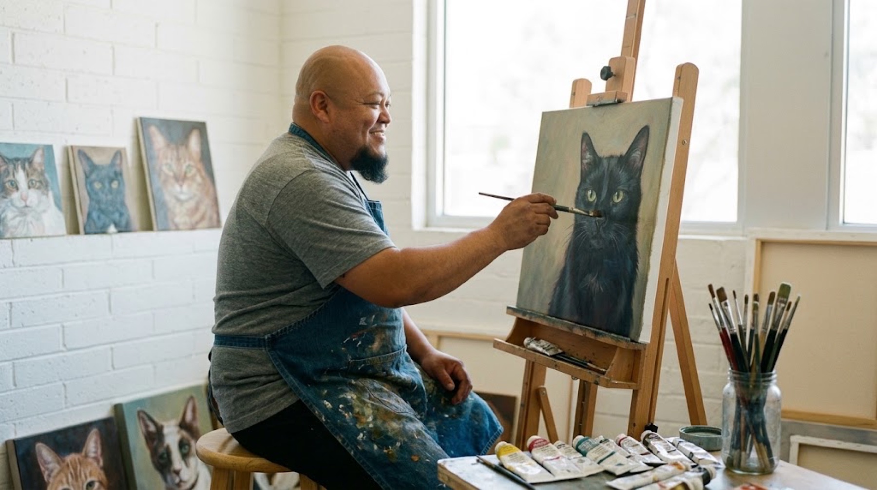 Greg Prince II painting a portrait at his easel