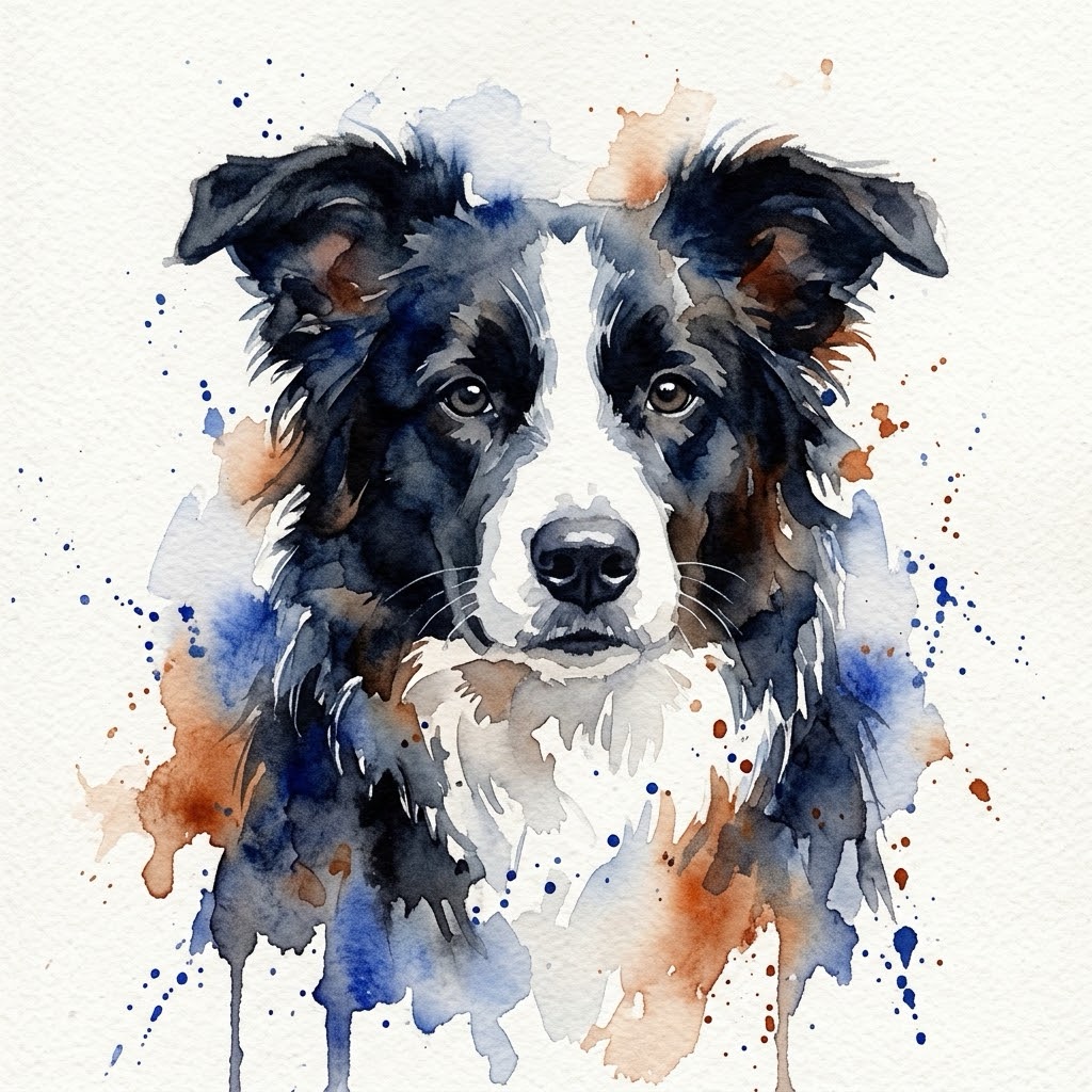 Watercolor portrait of a border collie